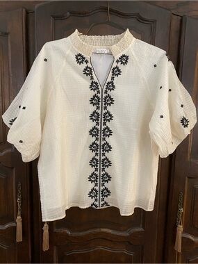 Shop the Mint cream puff sleeve top w soutache black trim XL